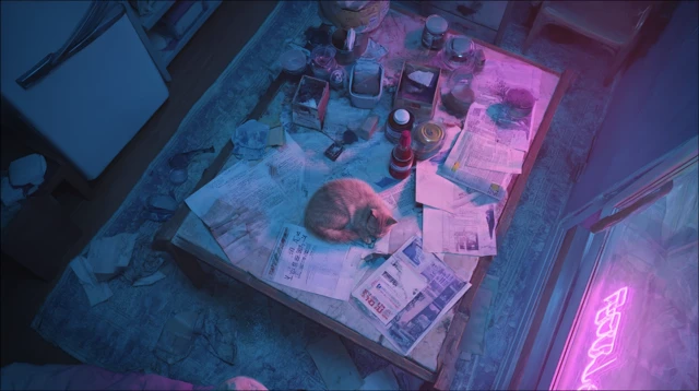 Cyberpunk Cat in a Neon Lit Room
