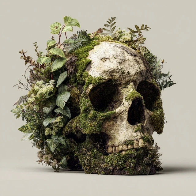 Skull Covered in Moss and Leaves Nature Art