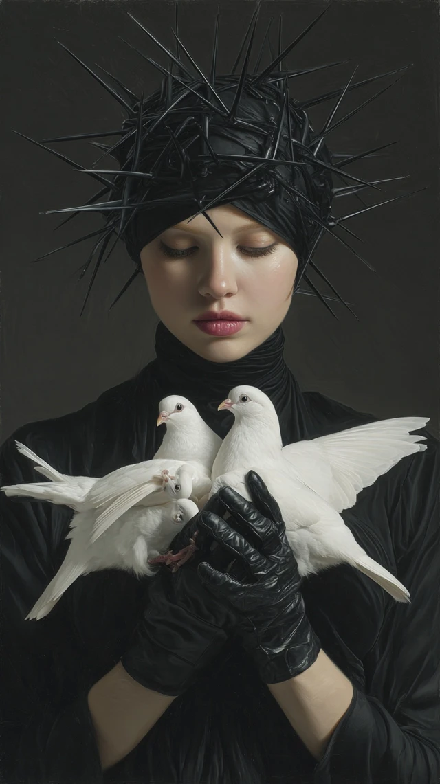 Woman with Birds and Thorns Photorealistic Portrait