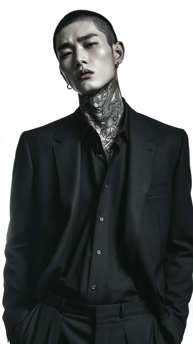 Handsome Chinese Man in Black Suit Dragon Tattoo