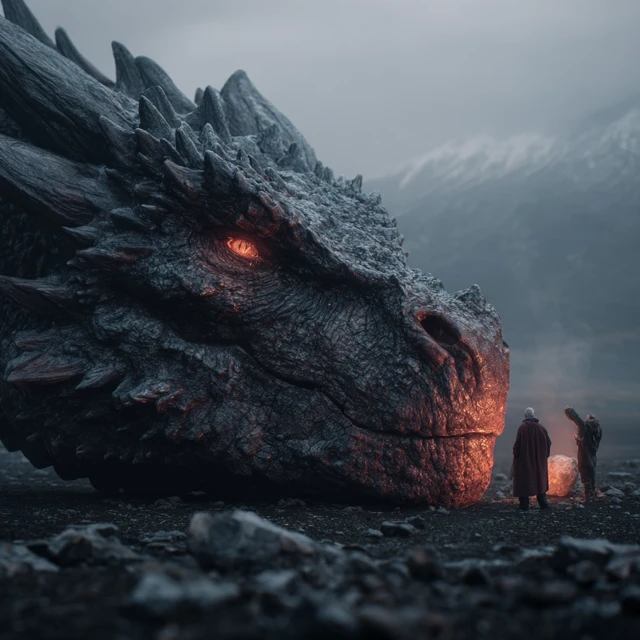Black Dragon Guarding Volcano Fantasy Art
