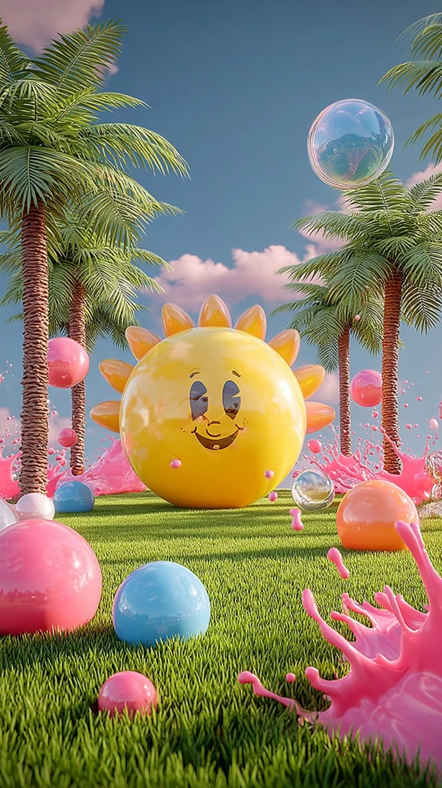 Surreal Summer Scene with Inflatable Sun and Beach Balls