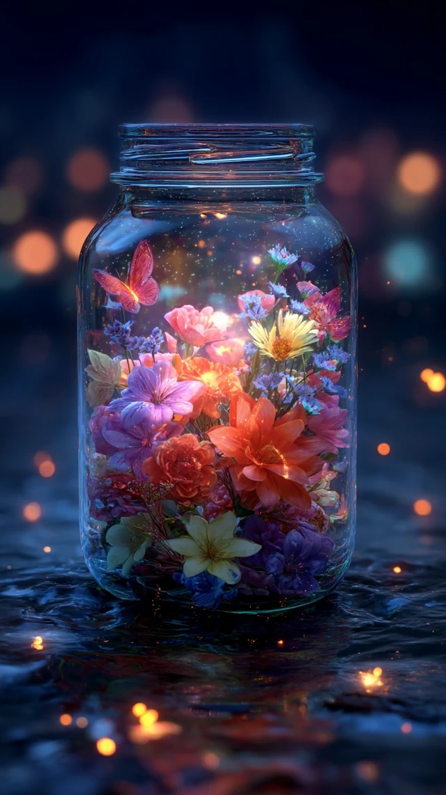 Magical Jar Flowers Fireflies Fantasy Art