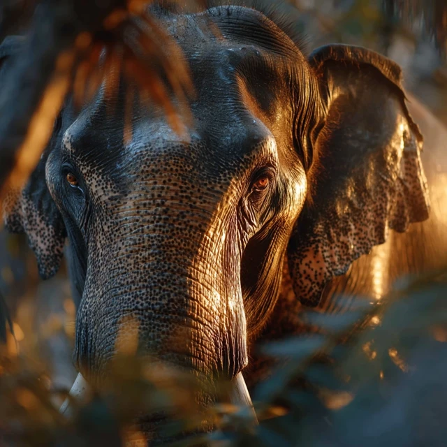 Indian Elephant in Jungle Golden Hour Sunlight