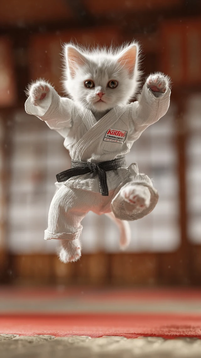 Karate Kitten Jump Kick Dojo Action Pose