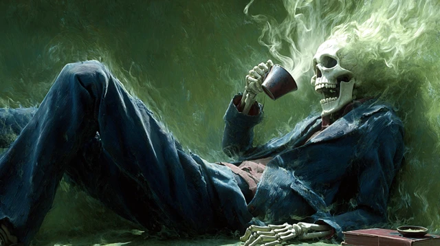 Skeleton Drinking Coffee Green Palette Illustration