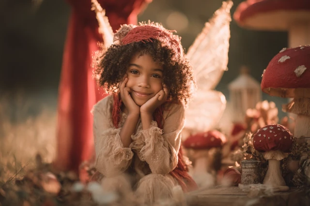 Fairy Child Model in Golden Hour Mushroom Theme