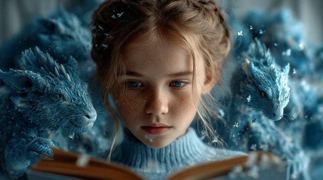 Girl Reading a Book with Dream Creatures 8k