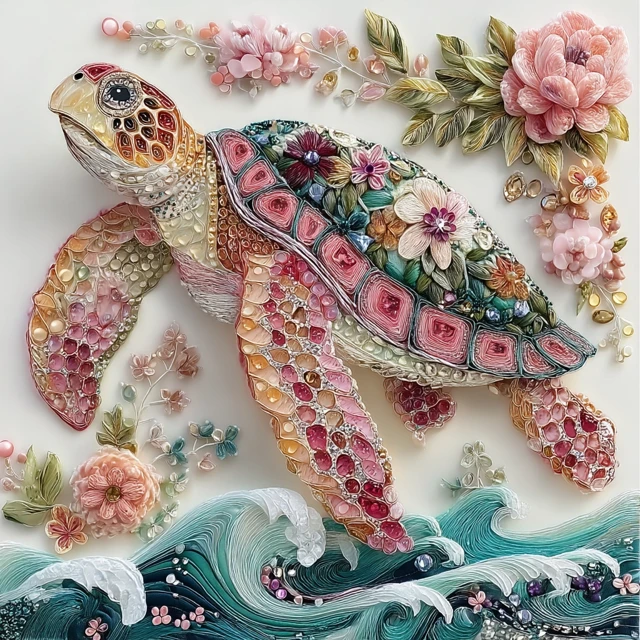 Embroidered Sea Turtle Floral Gemstone Art