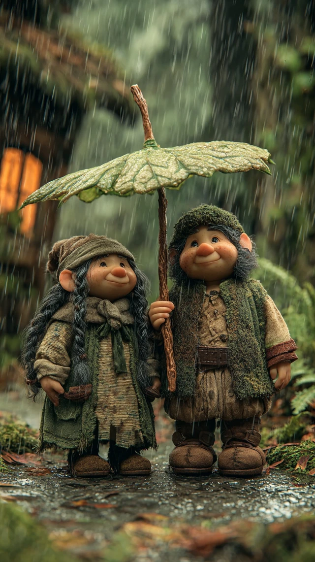 Gnome Couple in Forest Rain Charming Illustration