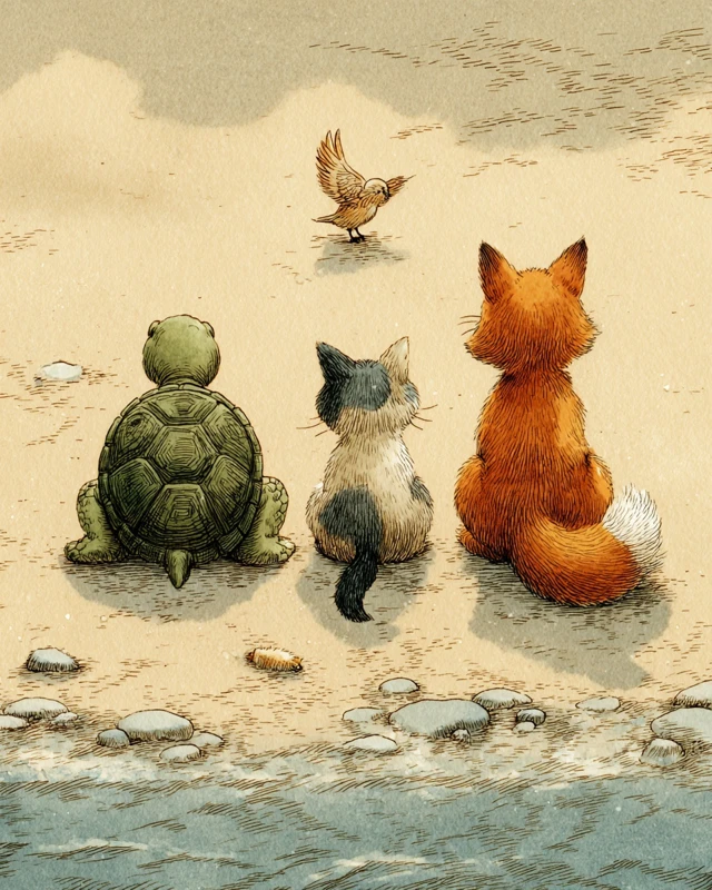 Turtle Cat Fox and Bird Beach Scene