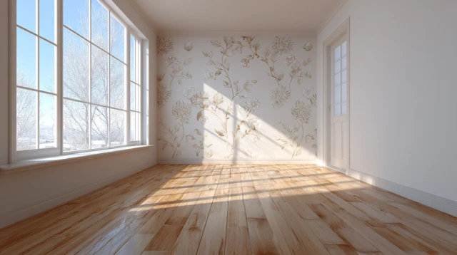 Modern Minimal Interior with Floral Wallpaper and Natural Light