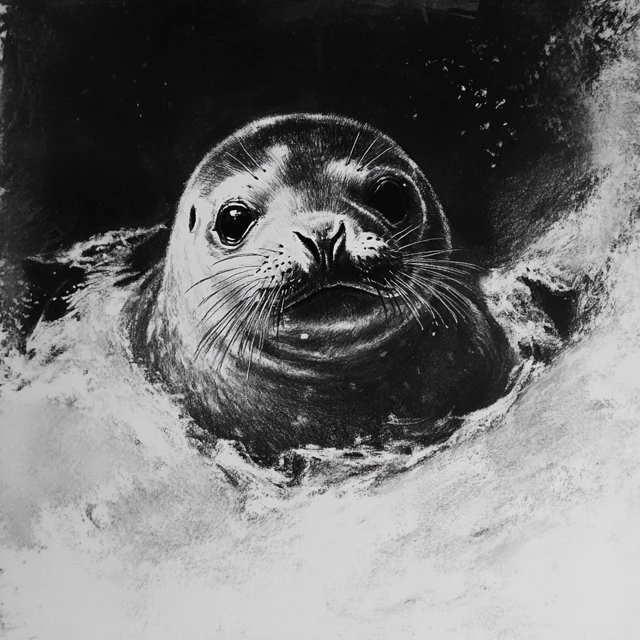 Monochrome Charcoal Drawing of a Seal Pup on Ice