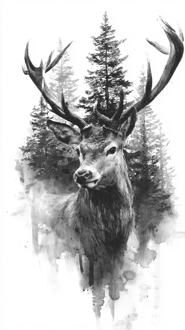 Stunning Stag Head Black and White Ink Wash Art
