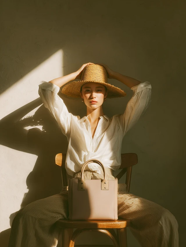 Elegant Woman in Straw Hat Editorial Photoshoot