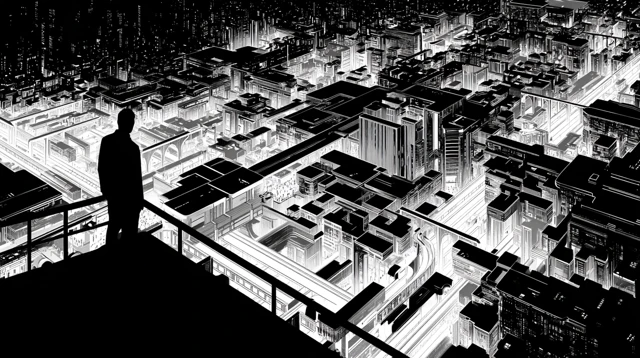 Noir Cityscape Illustration Man Observing Architecture