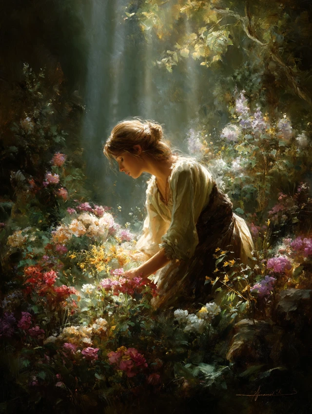 Village Woman in Flower Garden Serene Painting