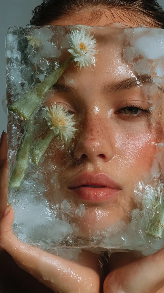 Woman with Aloe Vera Ice Cube Realistic Photo