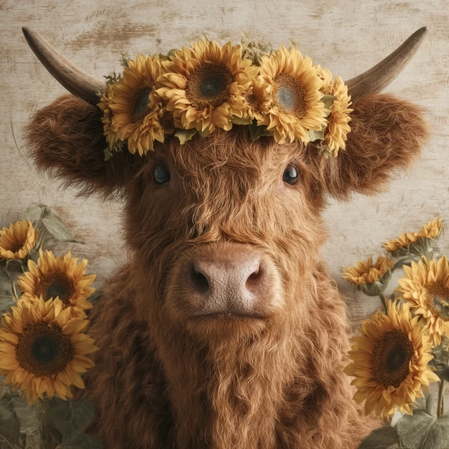 Highland Cow with Sunflowers Realistic Illustration