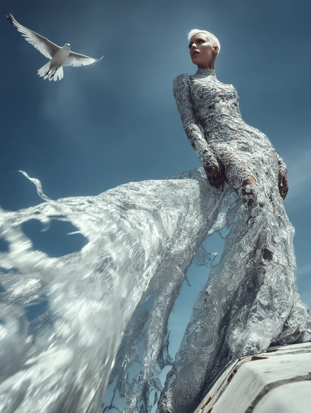 Fashion Editorial Model in Lace Dress with Bird