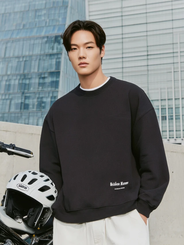 Streetwear Fashion Model with Bike Helmet and Modern Building