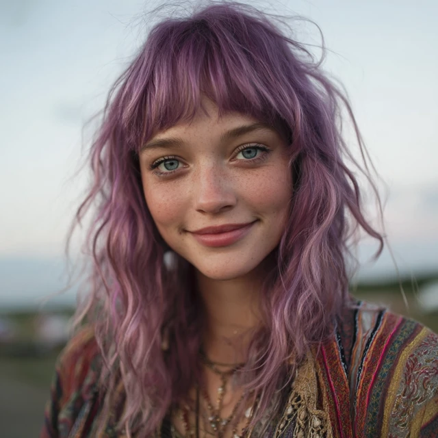 Woman with Purple Hair Natural Beauty Bohemian Style