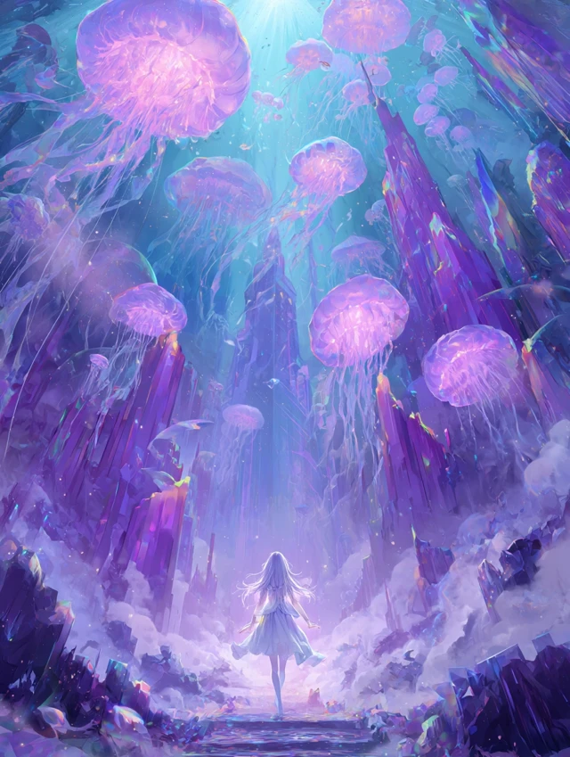 Anime Girl in Dreamscape Jellyfish Painting