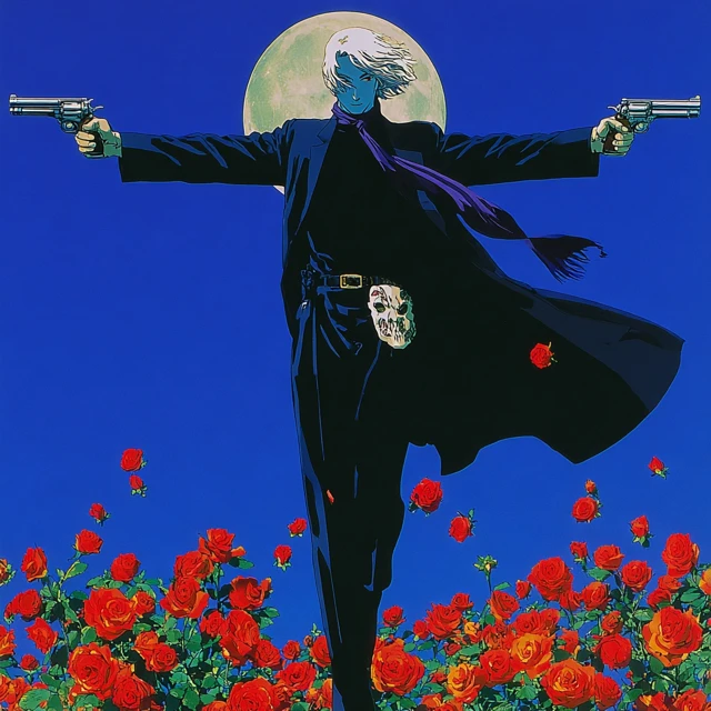 Anime Duelist on Rooftop with Pistols and Roses
