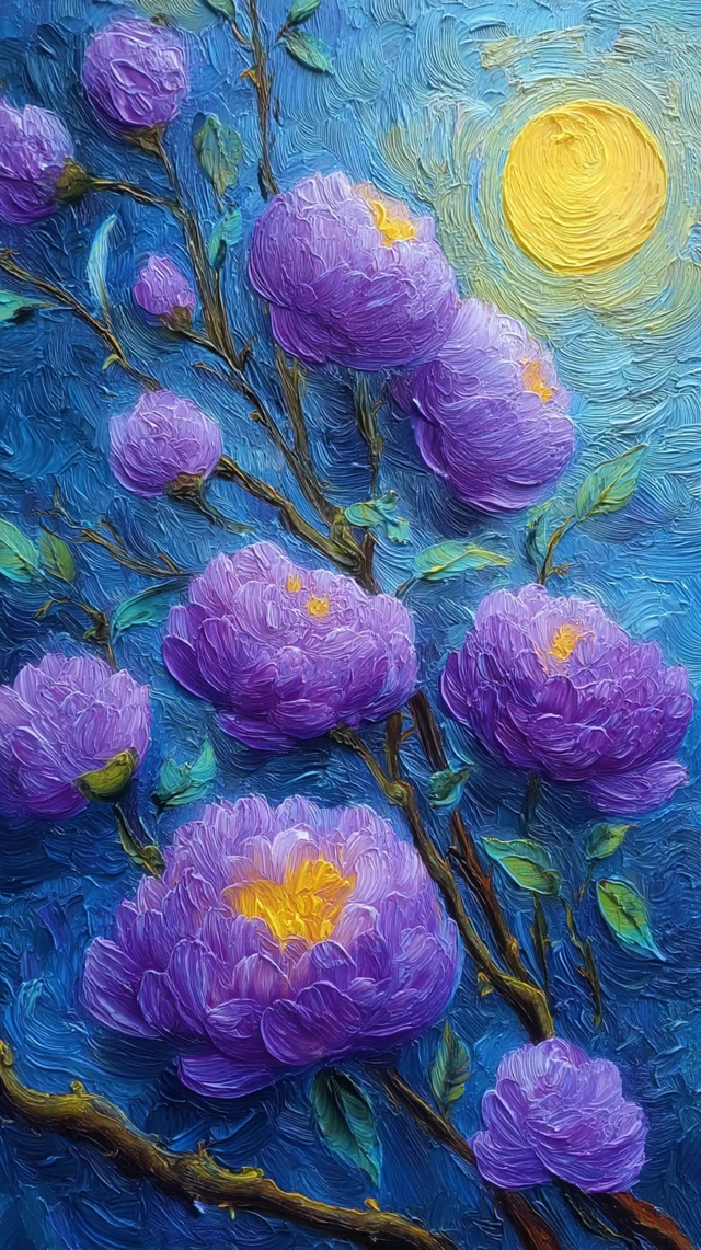 Purple Peonies Oil Painting in Van Gogh Style