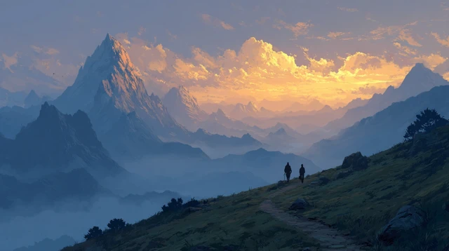 Misty Mountains Sunset: Contemplative Scene