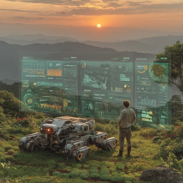 Futuristic Farming Technology in Sunset Landscape