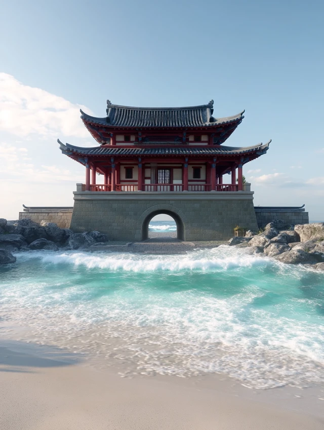 Majestic East Asian Temple on the Beach 3D Render