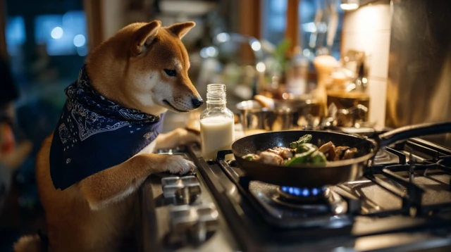 Shiba Inu Chef Cooking in a Japanese Kitchen