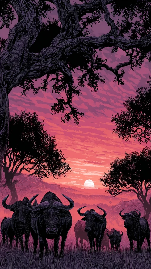 Serengeti Sunset Wildlife Illustration Art