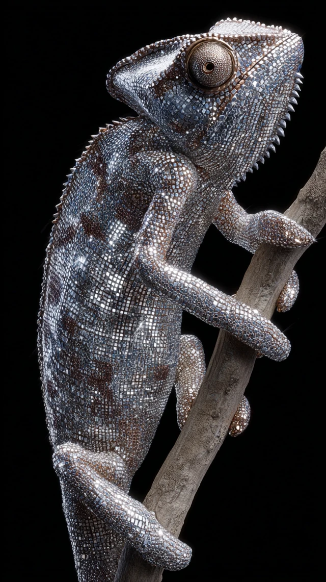 Disco Ball Chameleon Perched on a Branch Ultra Detailed