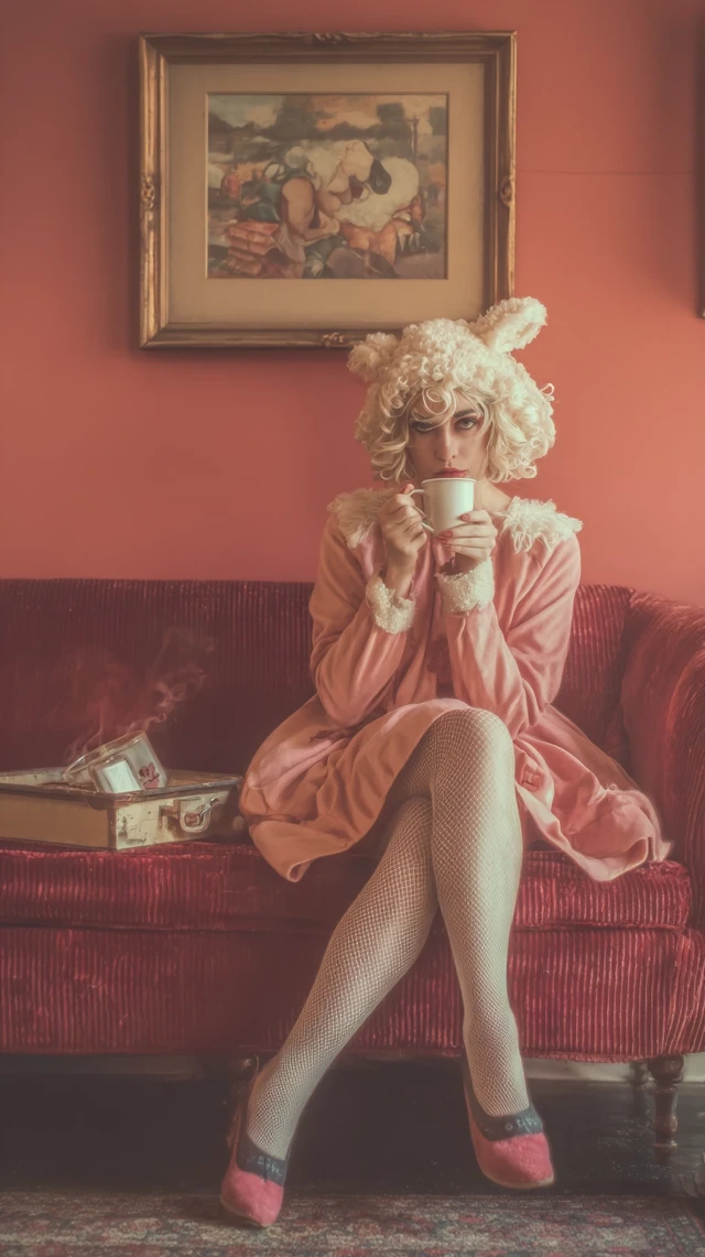 Vintage Sheep Lady Coffee Time Retro Style