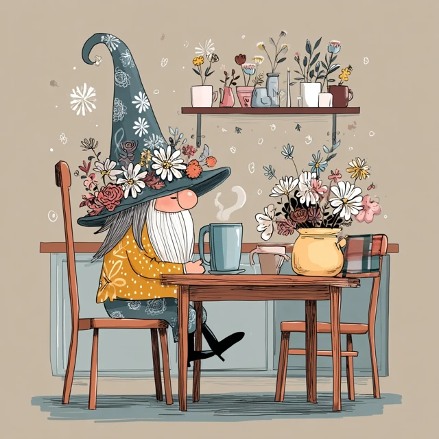 Cute Gnome with Flower Hat Drinking Coffee Cartoon
