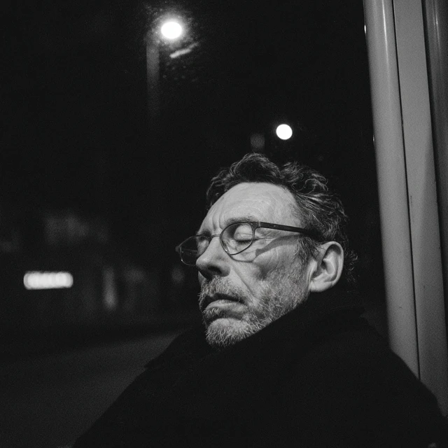 Man at Bus Stop Deep in Thought at Night