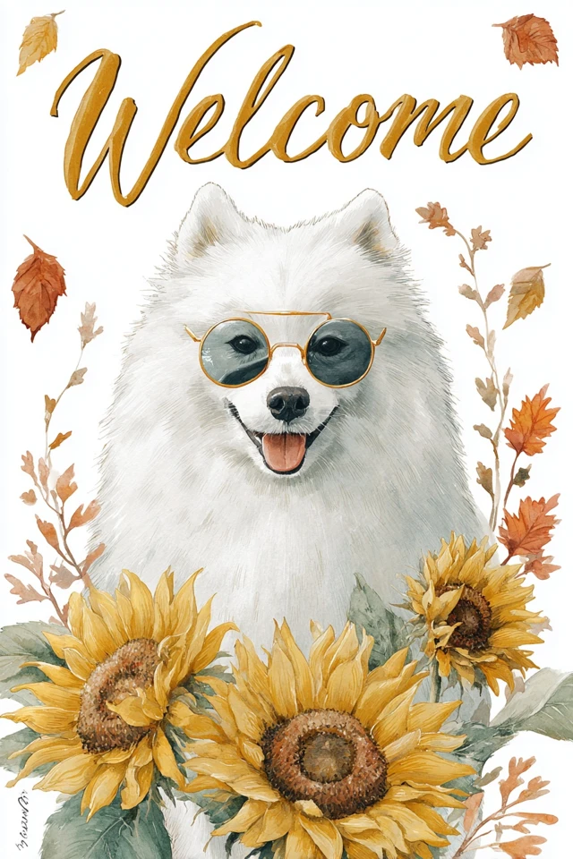 Fall Samoyed Dog Welcome Watercolor Art