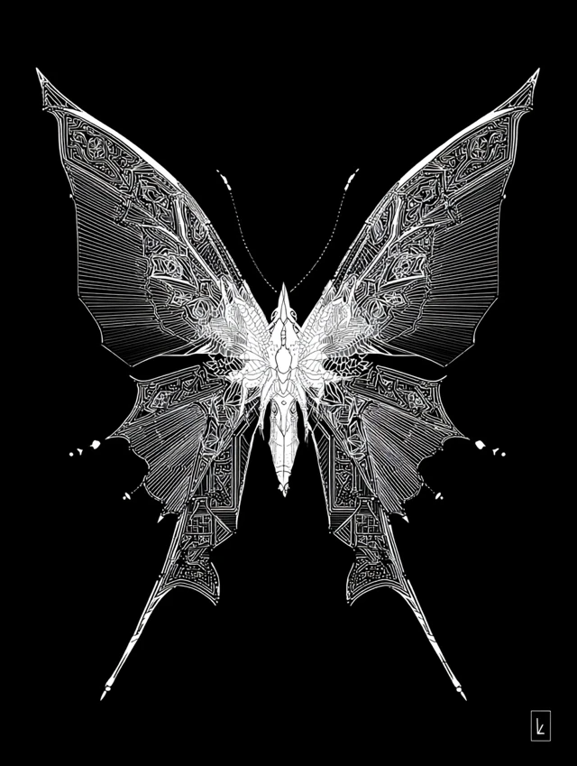 Graphic Butterfly Art White on Black Symmetry