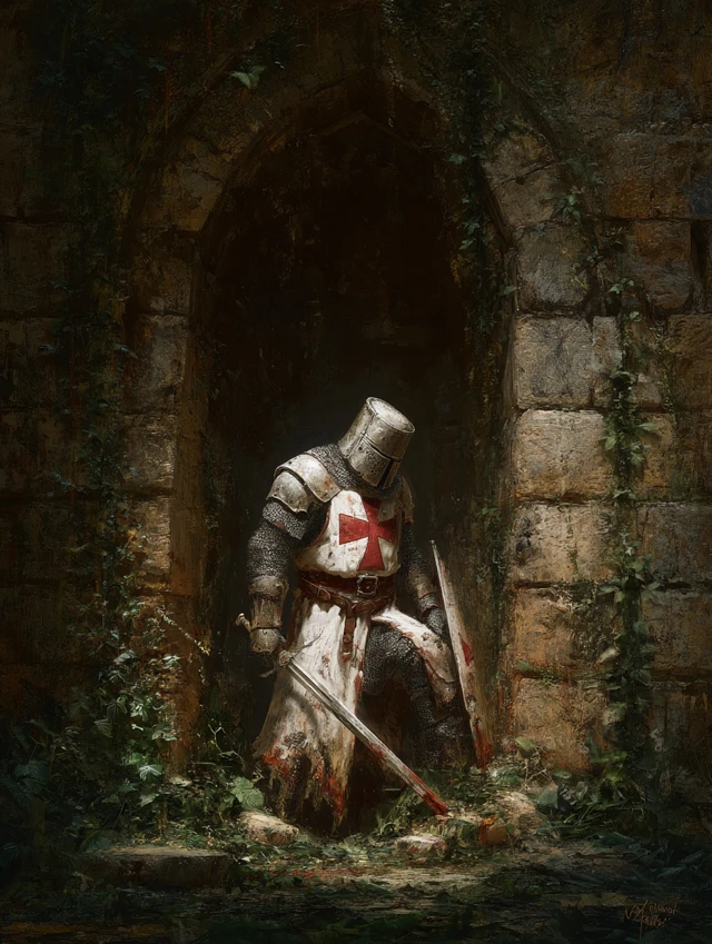 Lone Templar Knight Guarding Ancient Ruins
