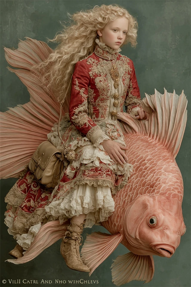 Woman on Pink Fish Art Deco Dreamlike Illustration