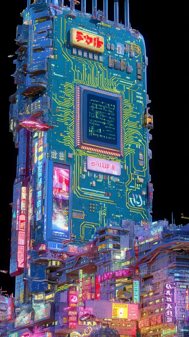Cyberpunk Cityscape Microchip Illustration