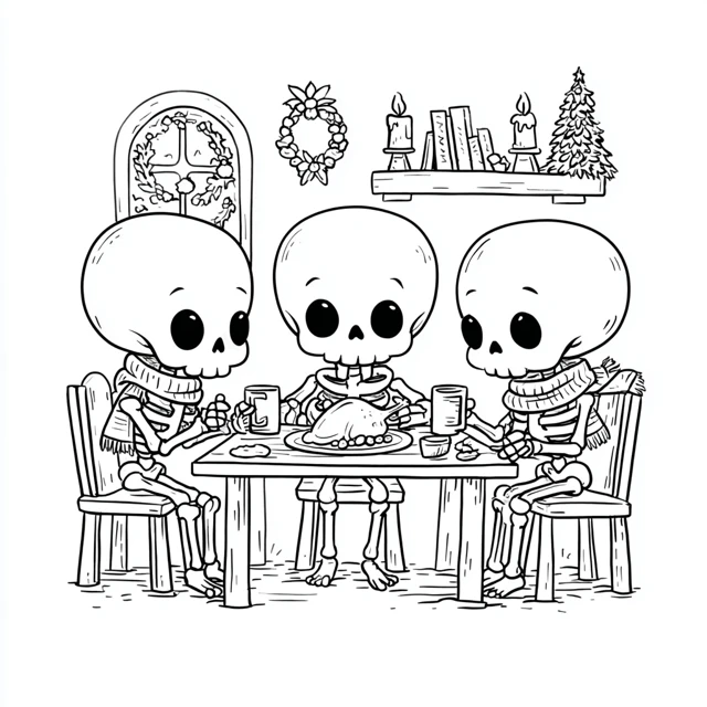 Cute Skeletons Thanksgiving Dinner Coloring Page