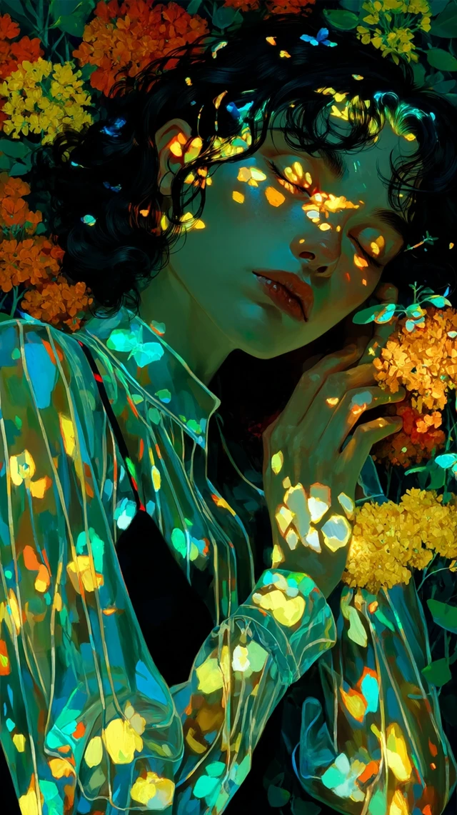 Surreal Woman Floating in Floral Dream