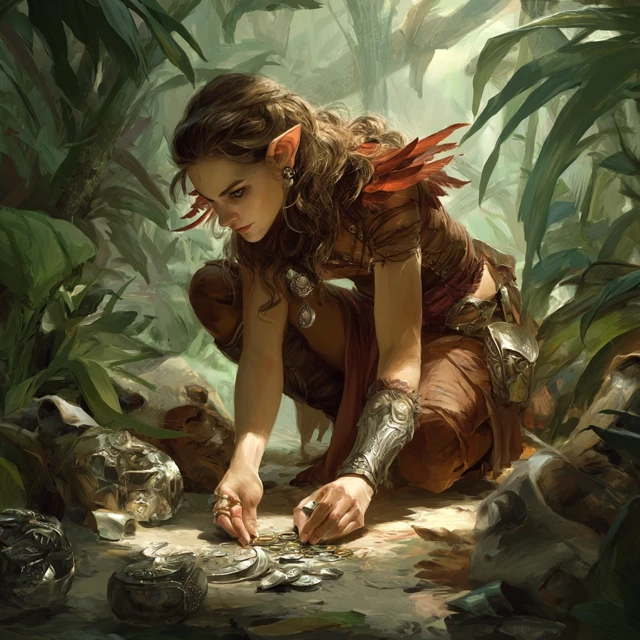 Fantasy Elf Artificer in Jungle Searching Artifacts