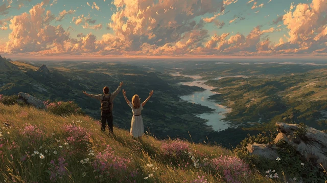 Joyful Moment Overlooking Rolling Hills Sunset