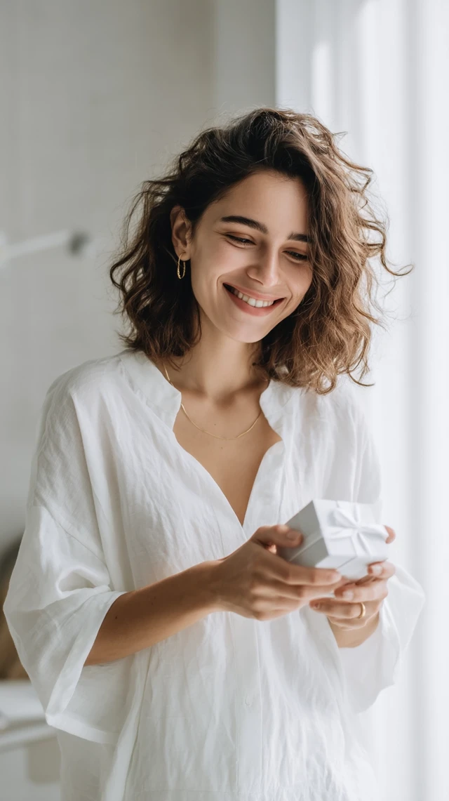 Happy Woman Unboxing Package in Modern Room