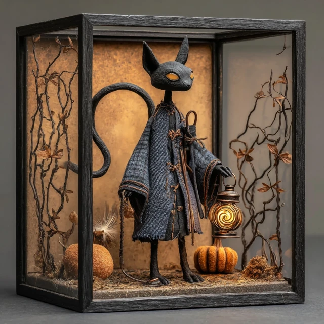 Photorealistic Diorama Shadow Bram Cat Halloween Art