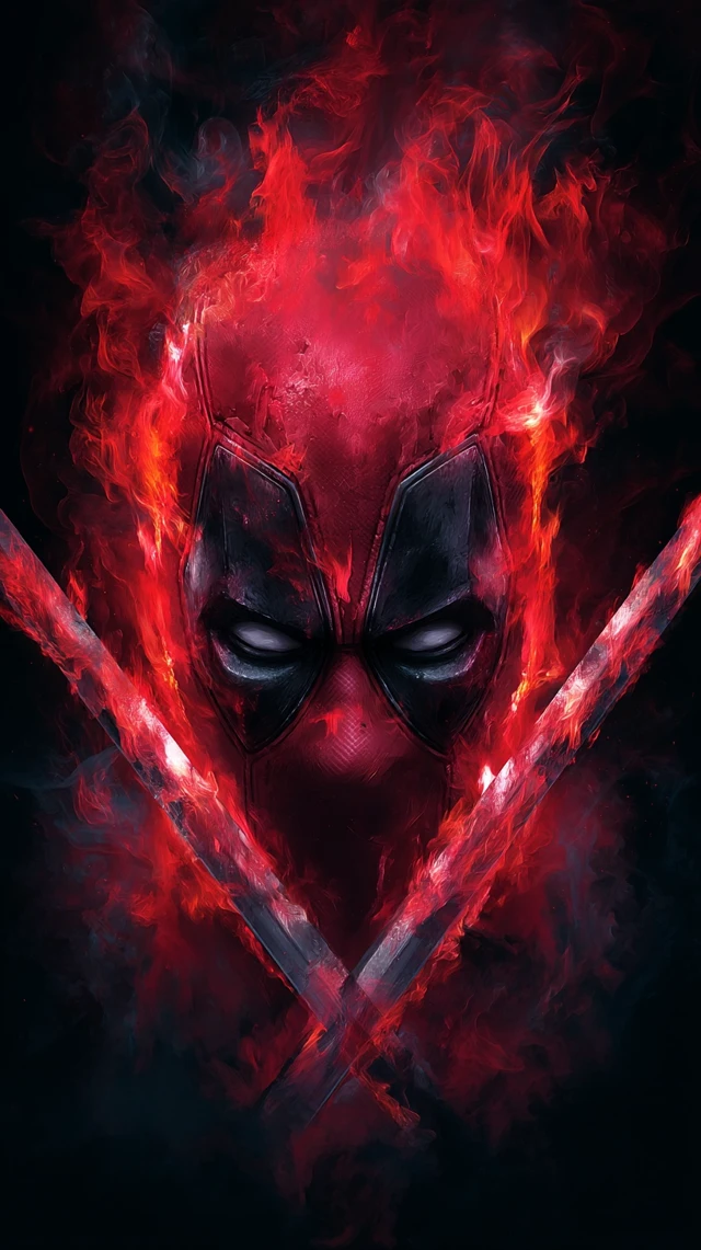 Deadpool Digital Art Fiery Red with Katanas